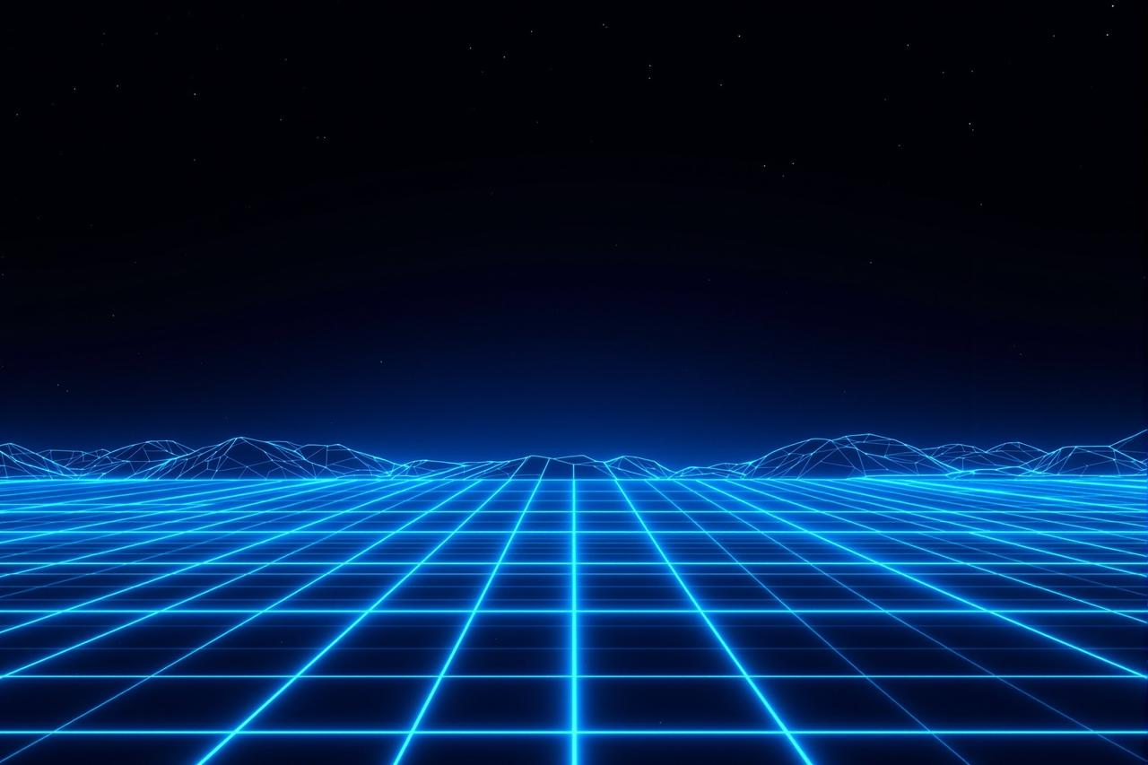 福利影视背景 - 霓虹像素网格构成的数字电影世界